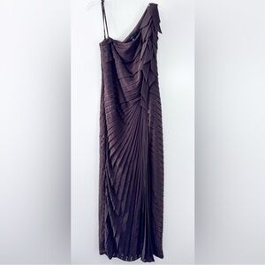 Tadashi Shoji Chocolate Brown One Shoulder Pleated Silk Evening Gown Size 8